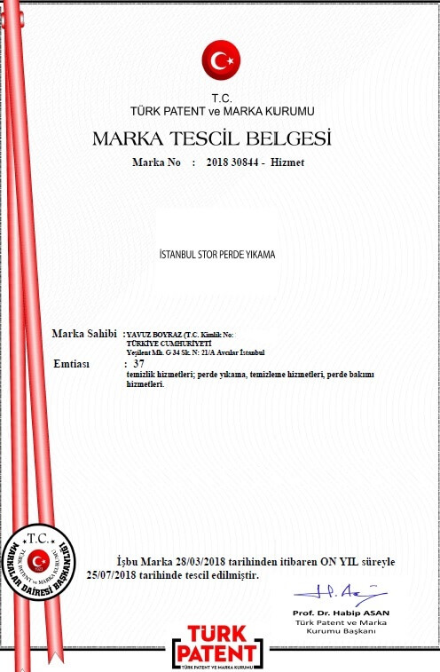 İstanbul stor perde yıkama marka tescil belgesi